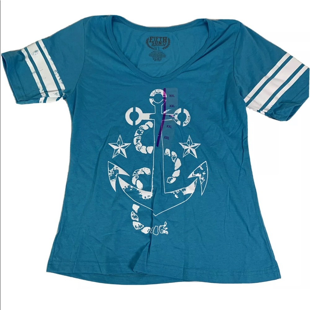 NWT Fifth Sun Turquoise Anchor Sea Shell Ringer T-Shirt, Size XXL (Junior)